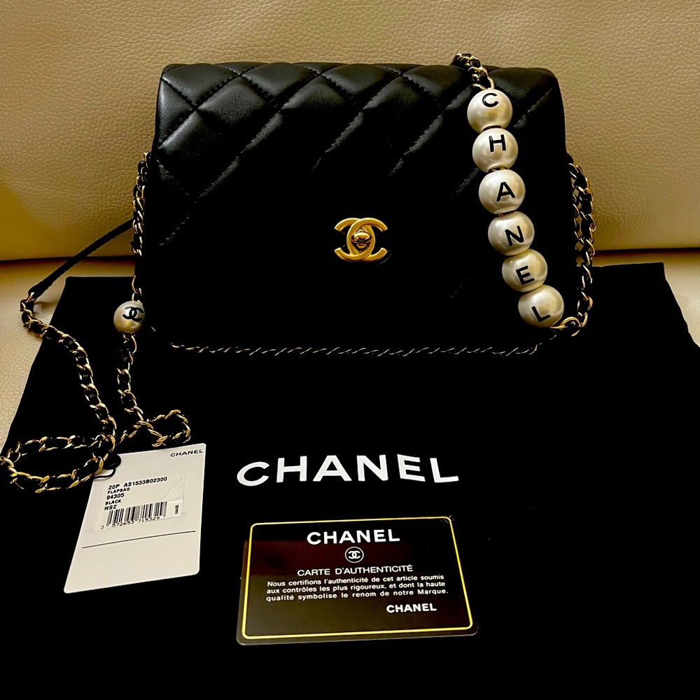 Chanel Classic Flap Mini Pearls Strap Black Gold Hardware Lambskin Leather